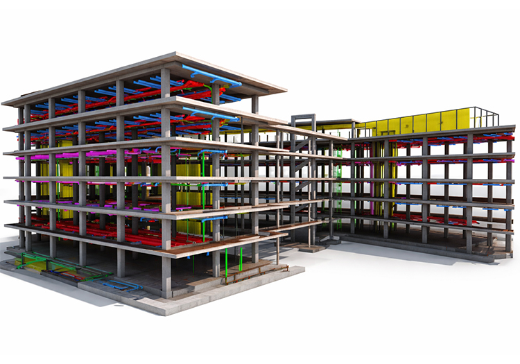 BIM model showing coordinated MEP services within a multi-storey building structure