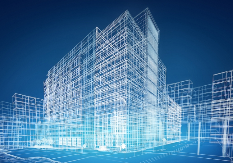 3D wireframe model of a multi-story building against a gradient blue background, showing detailed windows, floors, and structural elements