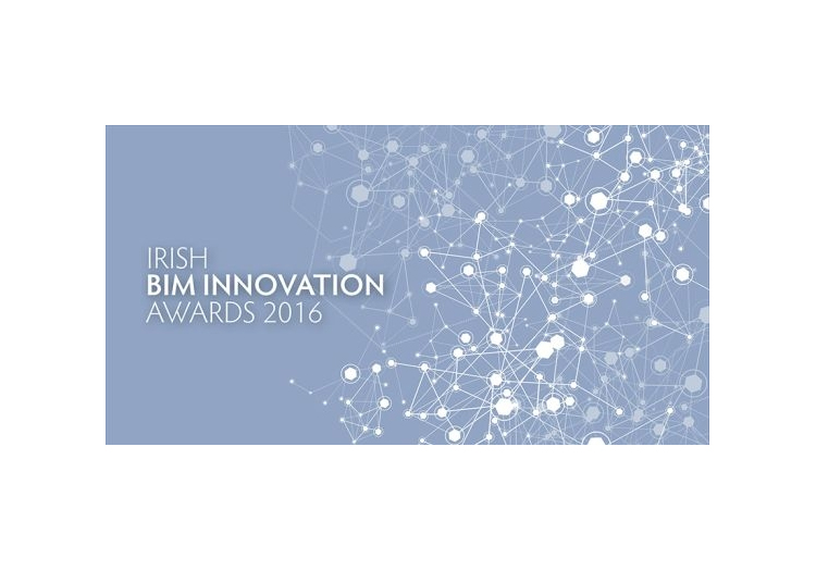 Graphic with interconnected white lines and dots on a blue background, resembling a mesh or web. Overlayed text reads “IRISH BIM INNOVATION AWARDS 2016” in white capital letters. The design suggests themes of connectivity and modernity, relevant to Building Information Modeling (BIM) and innovation in construction and architecture.