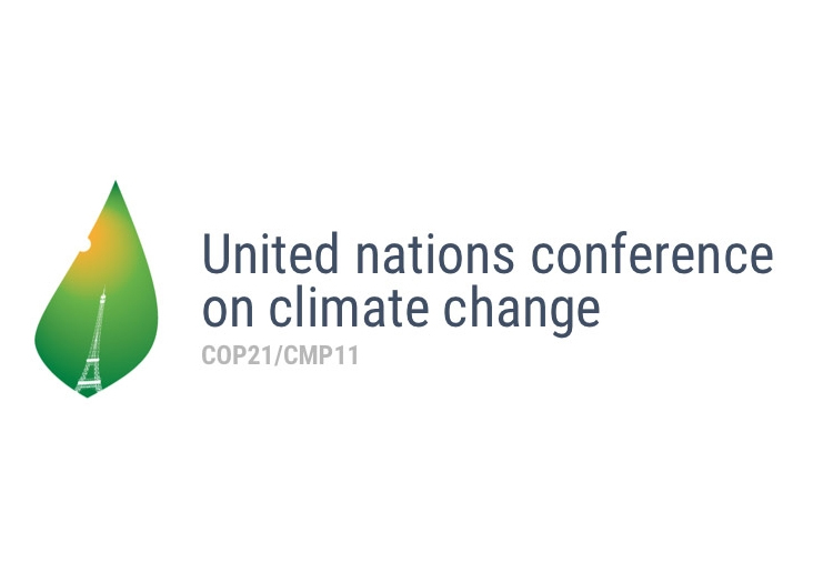 Logo for the United Nations Conference on Climate Change COP21/CMP11. It features a green leaf with the Eiffel Tower integrated, symbolizing environmental focus and Paris location. Text below reads “United Nations Conference on Climate Change” and “COP21/CMP11