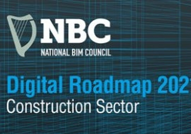 The image displays a dark-themed graphic with diagonal lines and digital patterns. Prominently featured is a shield-shaped logo with the letters “NBC” and the text “National BIM Council” below it. To the right of the logo, the text “Digital Roadmap 2021 Construction Sector” is displayed. This suggests that the image serves as a cover or title page for a document related to the digital strategy and developments in the construction sector for 2021, specifically from the National BIM Council