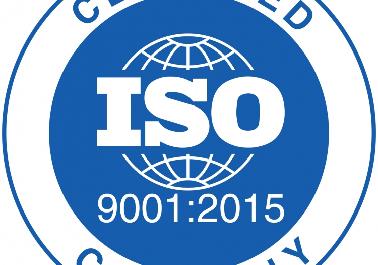 Blue and white logo with the acronym 'ISO' in large white letters and '9001:2015' in black text below. The design features a double circular border, with 'CERTIFIED' repeated around the outer circle and globes with latitude and longitude lines in the inner circle