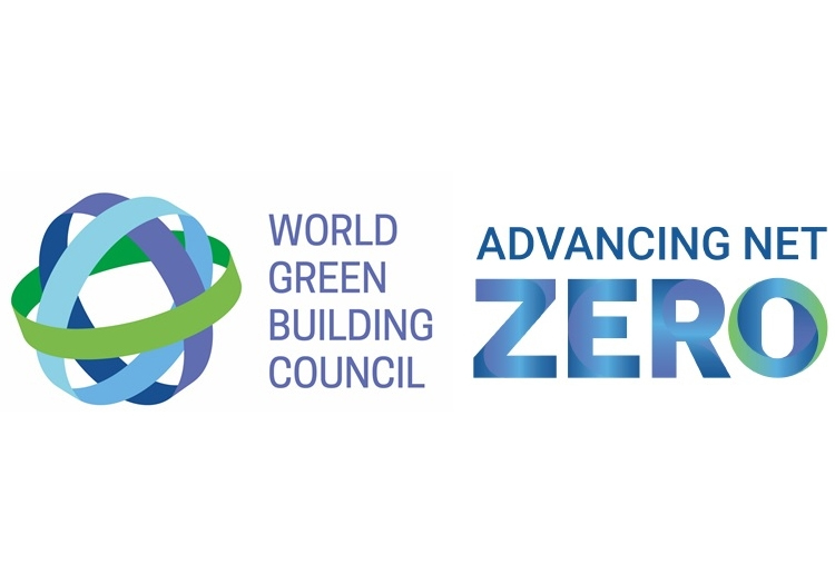 Two logos side by side: on the left, the World Green Building Council logo with a stylized Earth and green-blue ribbons; on the right, 'ADVANCING NET ZERO' in blue with a green accent on the 'O'