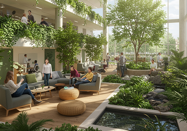 Open-plan office space with abundant indoor plants, trees, natural light, and a water feature, where people are working and socialising