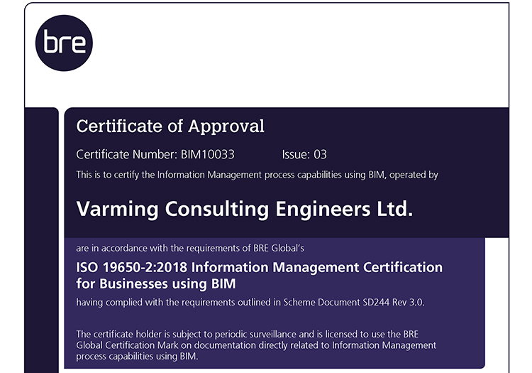 Certificate of Approval from BRE Global awarded to Varming Consulting Engineers Ltd. for ISO 19650-2:2018 BIM Information Management compliance.