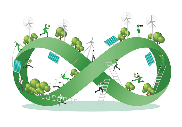 Illustration of a circular economy with people using solar panels, wind turbines, and trees on a green infinity loop.