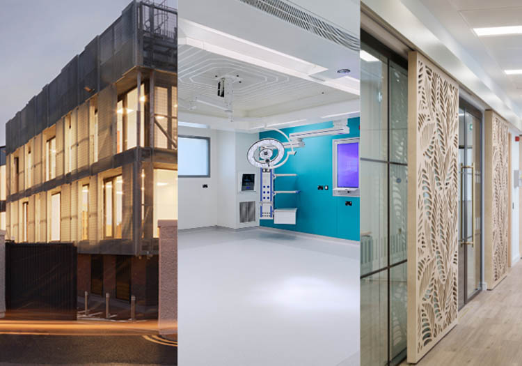 Collage of three Awards‑Winning M&E Engineering Projects, featuring a modern building exterior, a clinical healthcare room, and a contemporary office interior