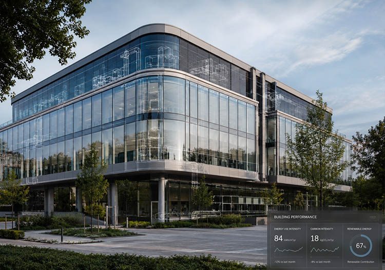 Modern glass-fronted commercial building with digital engineering models overlaid on the façade, illustrating building performance and smart building technology