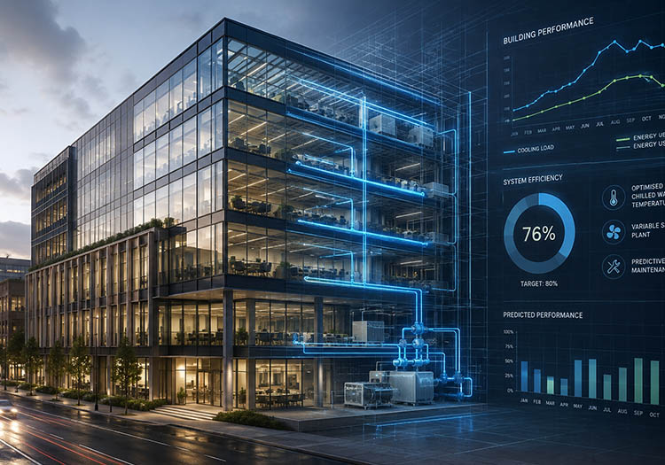 Modern commercial building with a digital building management interface displaying energy performance and cooling system data.