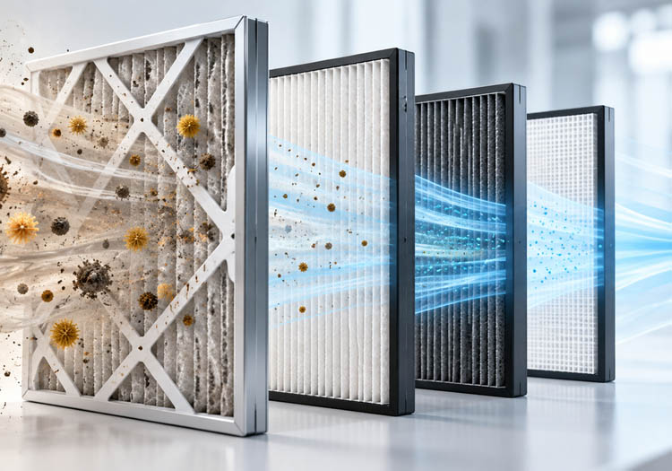 Series of air filters showing particles being removed as air passes through multiple stages of filtration